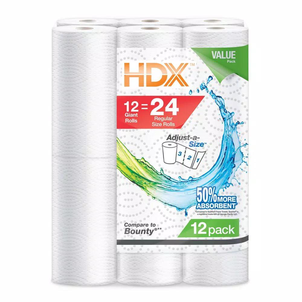 HDX 2-Ply Paper Towels, Ultra Absorbent, Adjust-A-Size, 12 Rolls