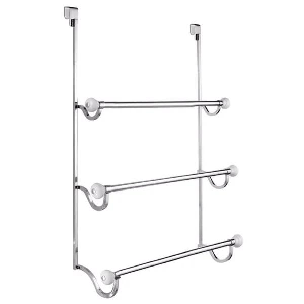 interDesign York Over Shower Door Towel Rack, 3-Bar Stainless Steel Organizer in White and Chrome