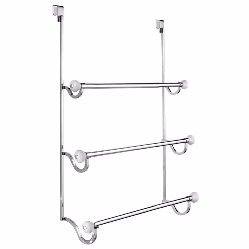 interDesign York Over Shower Door Towel Rack, 3-Bar Stainless Steel Organizer in White and Chrome
