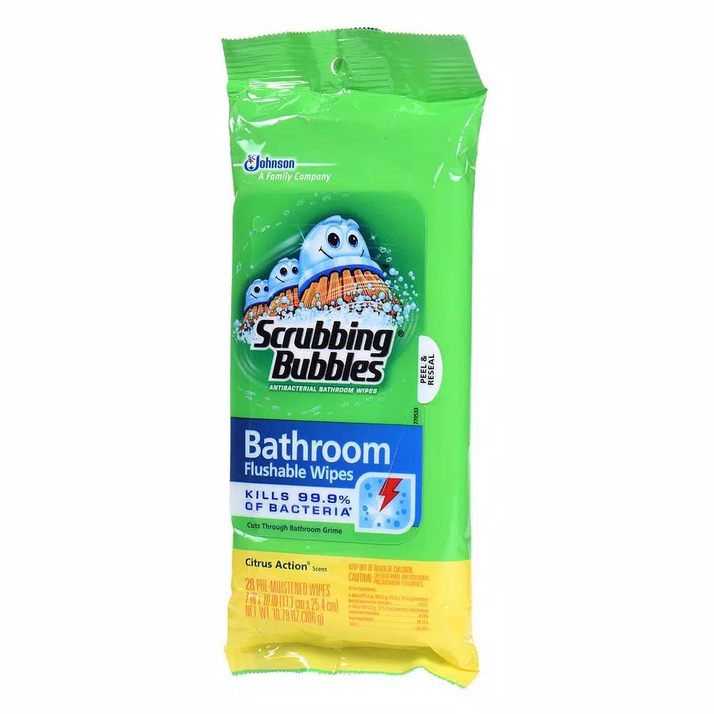 Scrubbing Bubbles Antibacterial Bathroom Flushable Wipes, Citrus Scent, 28 Count (Case of 12)