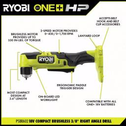 RYOBI ONE+ HP 18V Brushless Compact Right Angle Drill and One-Handed Reciprocating Saw Combo Kit thumbnail 3