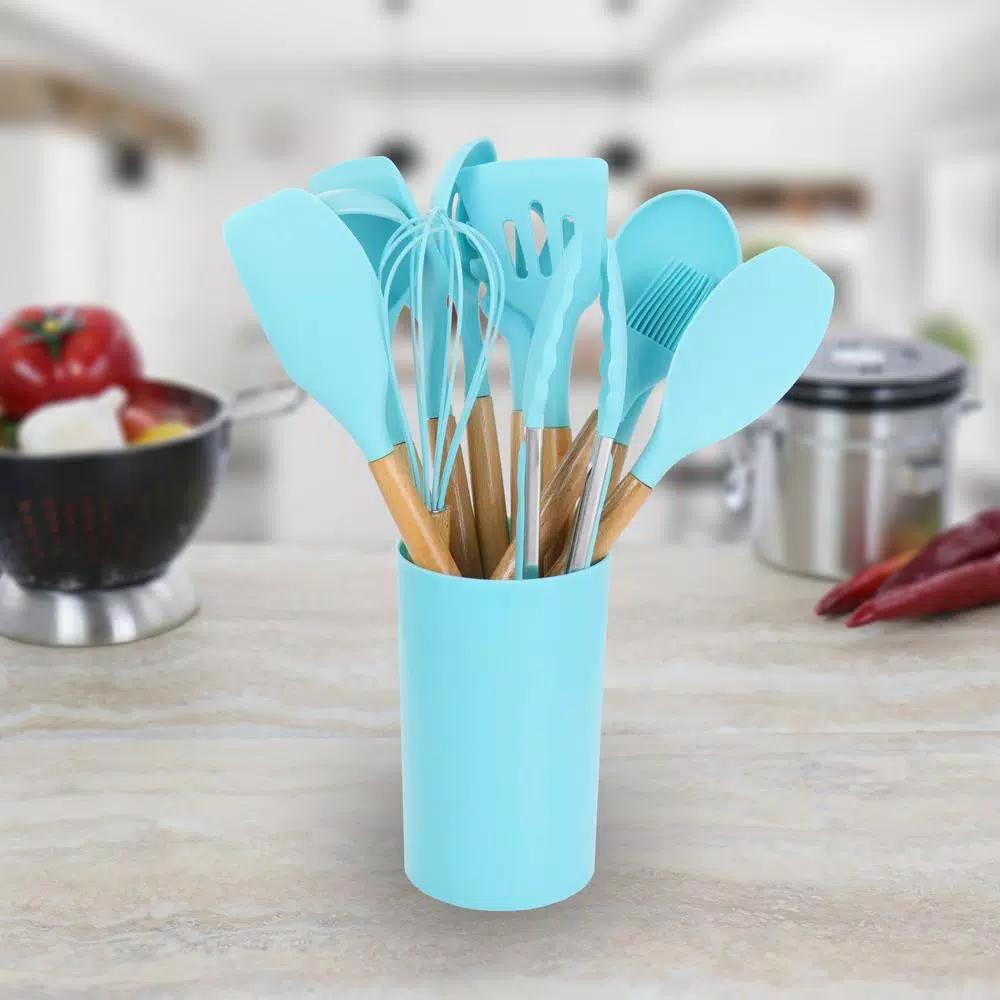 MegaChef 12-Piece Light Teal Silicone and Wood Kitchen Utensil Set