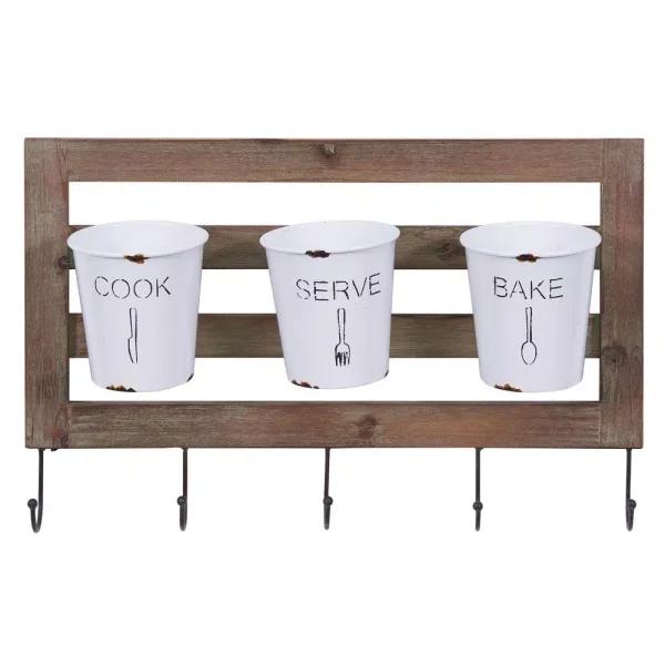 DANYA B DANAYA B. FHB2605 Rustic Hanging Utensil Caddy with 3 Tin Buckets and 5 Hooks