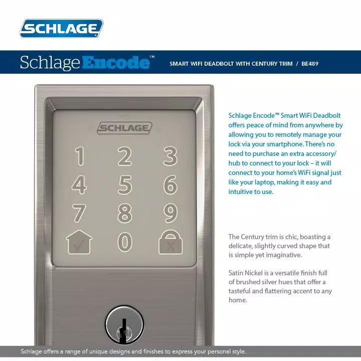 Schlage Encode Smart WiFi Door Lock with Latitude Lever Handleset, Satin Nickel