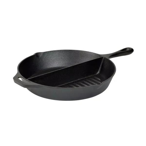 Basic Essentials 13.5 in. Cast Iron Round 2-Section Pre-Seasoned Grill/Griddle with Assist Handle