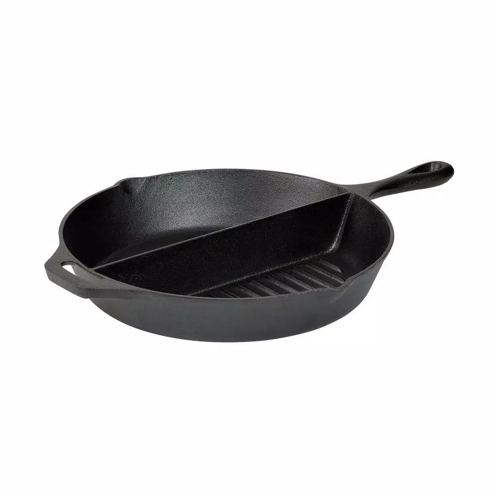 Basic Essentials 13.5 in. Cast Iron Round 2-Section Pre-Seasoned Grill/Griddle with Assist Handle