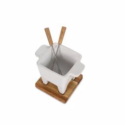 Boska Exclusive Collection 4-Piece Ceramic Fondue Set with Oak Wood Base - White thumbnail 3
