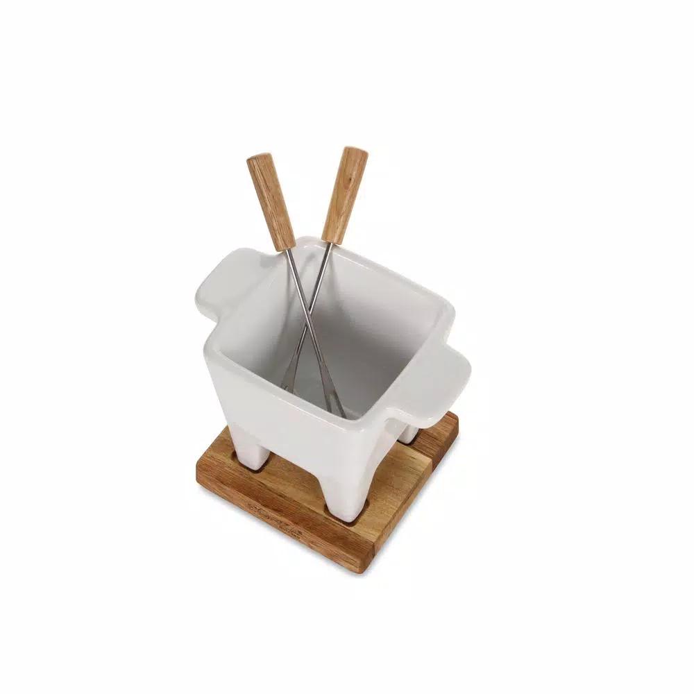 Boska Exclusive Collection 4-Piece Ceramic Fondue Set with Oak Wood Base - White