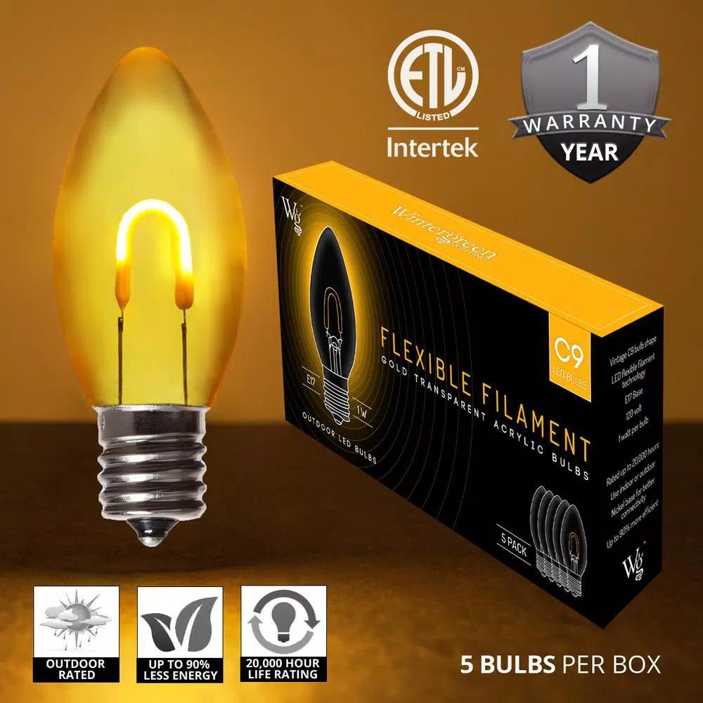 Wintergreen Lighting FlexFilament C9 LED Shatterproof Gold Vintage Edison Bulbs (5-Pack)