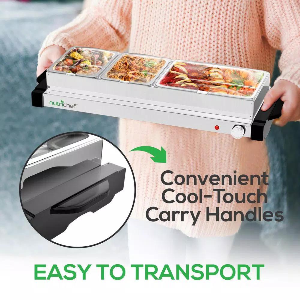 NutriChef 27.6 in. 3-Burner Stainless Steel Electric Buffet Server Food Warming Tray