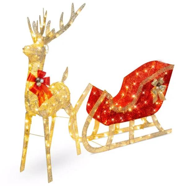 Best Choice Products 48 in. LED Reindeer and Sleigh Christmas Yard Decor Set with Warm White Lights