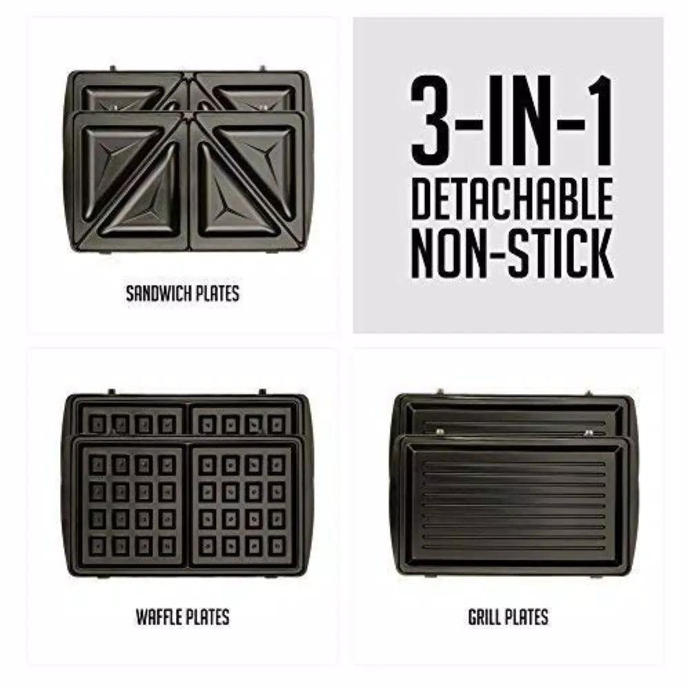 Ovente 3-in-1 Electric Sandwich Maker, Waffle and Grill Maker with Detachable Non-Stick Plates, 750W, Black