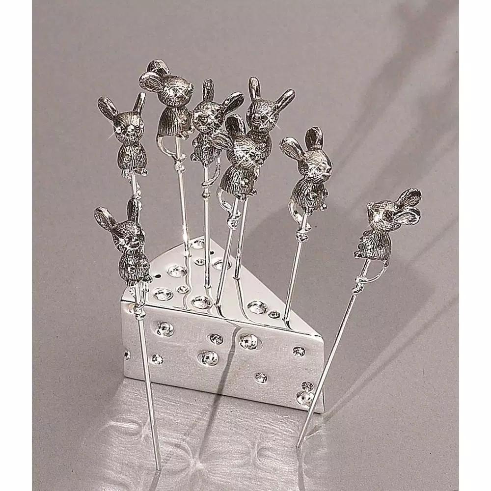 Heim Concept 8-Piece Silver Plated Metal Mouse Cheese Picks with Crystal Accents