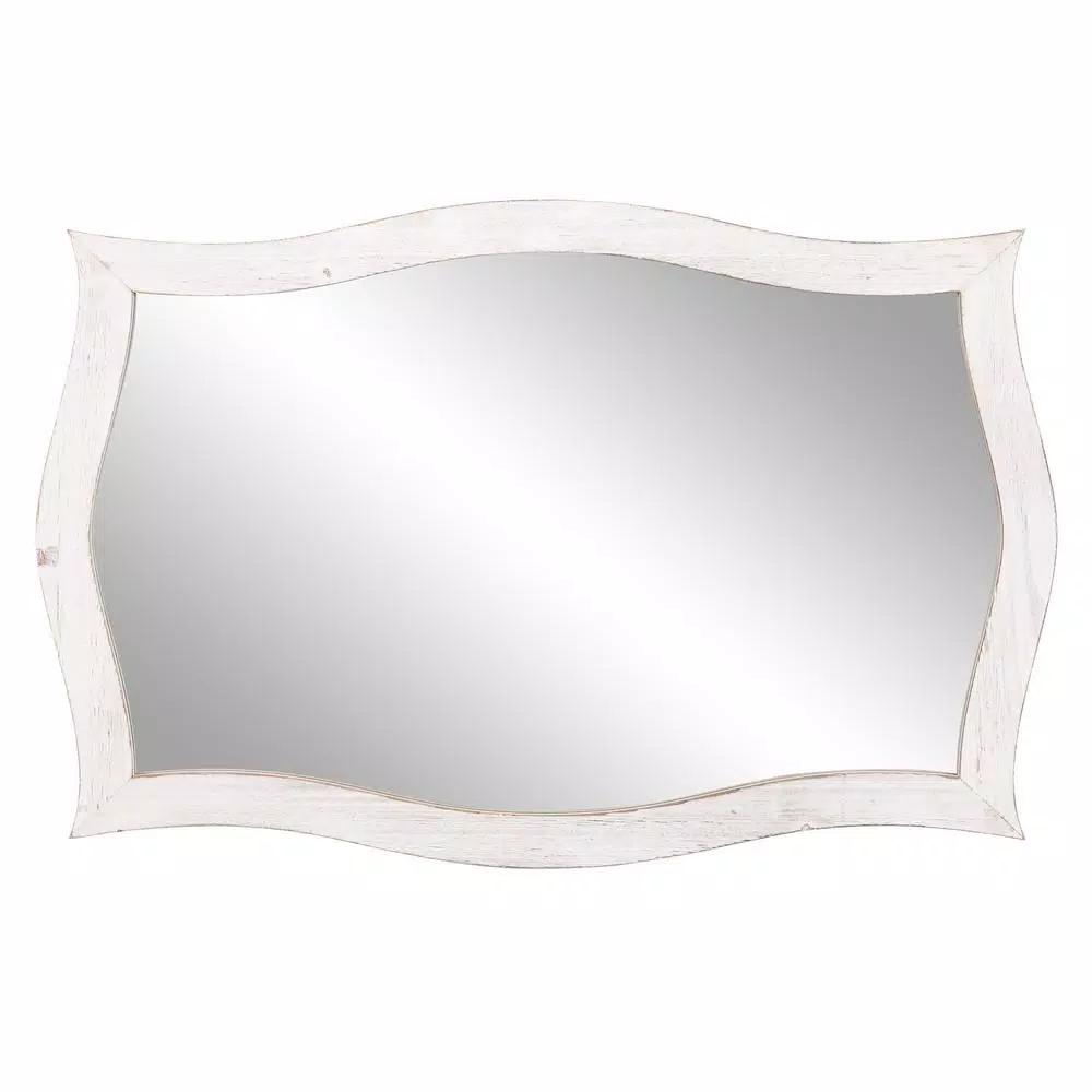 Pinnacle White Scallop Framed Wall Mirror - Distressed Whitewash Solid Wood - 36.75 in. W x 24.25 in. H