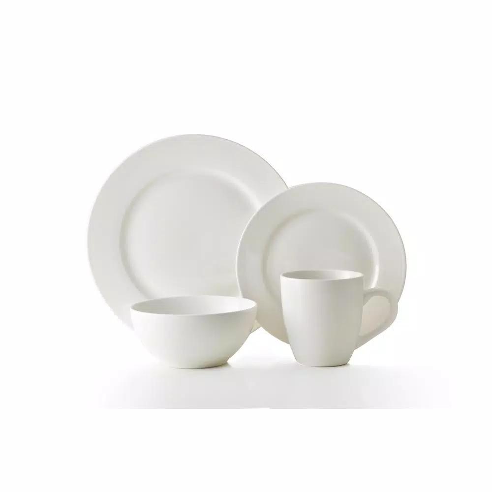THOMSON POTTERY Basic White Stoneware Dinner Plate Set of 8 - Round Rimmed Plates