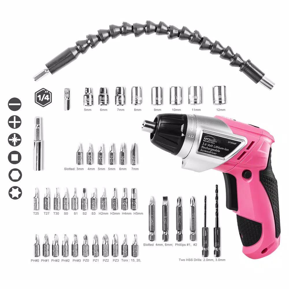 Apollo Tools 3.6V Lithium-Ion Cordless Electric Screwdriver with 45-Piece Accessory Set, Pink