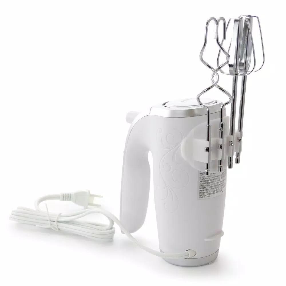 Better Chef 150-Watt 5-Speed Hand Mixer with Stainless Steel Beaters and Dough Hooks, White