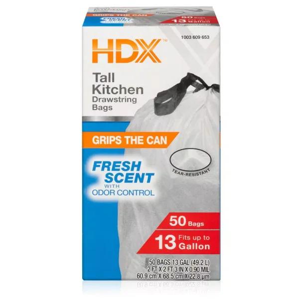 HDX 13 Gallon White Fresh Scent Drawstring Kitchen Trash Bags, 50-Count