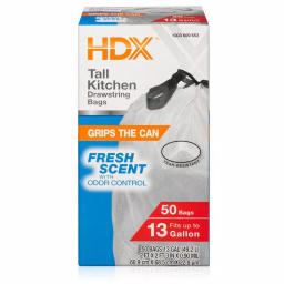 HDX 13 Gallon White Fresh Scent Drawstring Kitchen Trash Bags, 50-Count thumbnail 1