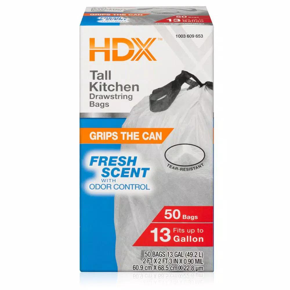 HDX 13 Gallon White Fresh Scent Drawstring Kitchen Trash Bags, 50-Count
