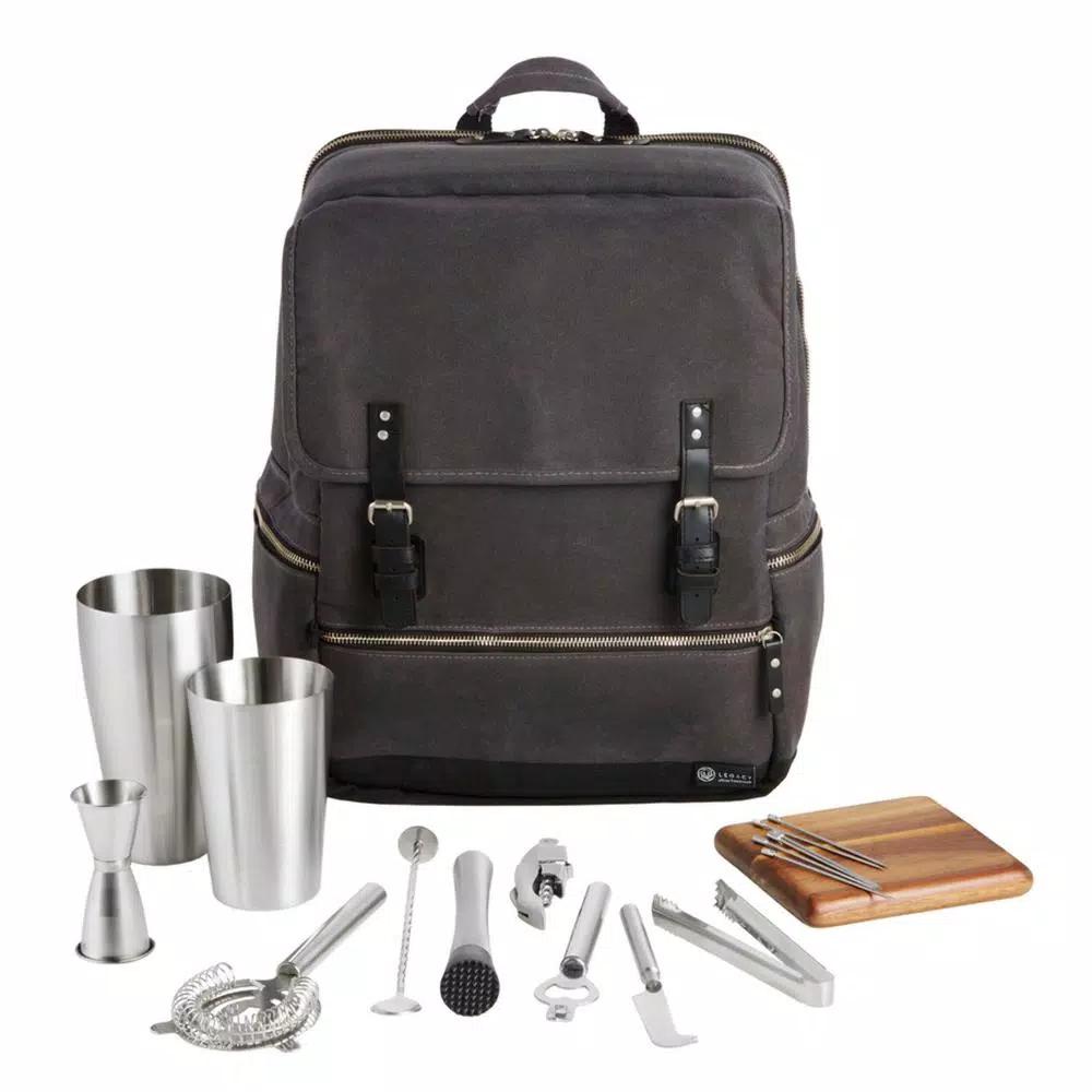 Legacy Bar-BackPack Grey Portable Cocktail Tote with 16-Piece Tool Organizer