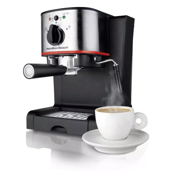 Hamilton Beach 2-Cup Espresso and Cappuccino Maker with Milk Frother, 15 Bar Pump, Black/Stainless Steel