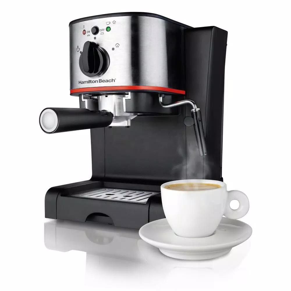 Hamilton Beach 2-Cup Espresso and Cappuccino Maker with Milk Frother, 15 Bar Pump, Black/Stainless Steel