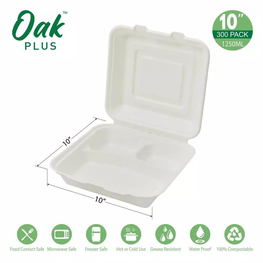 Unbranded 10 in. White Sugarcane 3-Compartment Clamshell Containers, Biodegradable Sectional Food Trays (300 Pack)