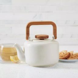 BonJour Wayfarer 4-Cup Matte White Ceramic Teapot with Stainless Steel Infuser and Teak Wood Accents thumbnail 5