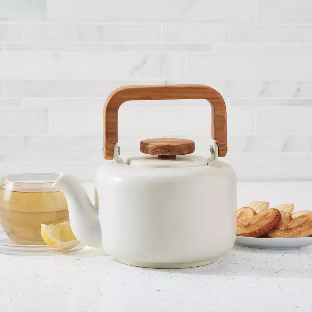 BonJour Wayfarer 4-Cup Matte White Ceramic Teapot with Stainless Steel Infuser and Teak Wood Accents