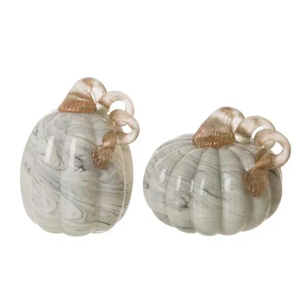 Glitzhome Gray Marble Glass Pumpkin Set of 2 - Handmade Tabletop Decoration