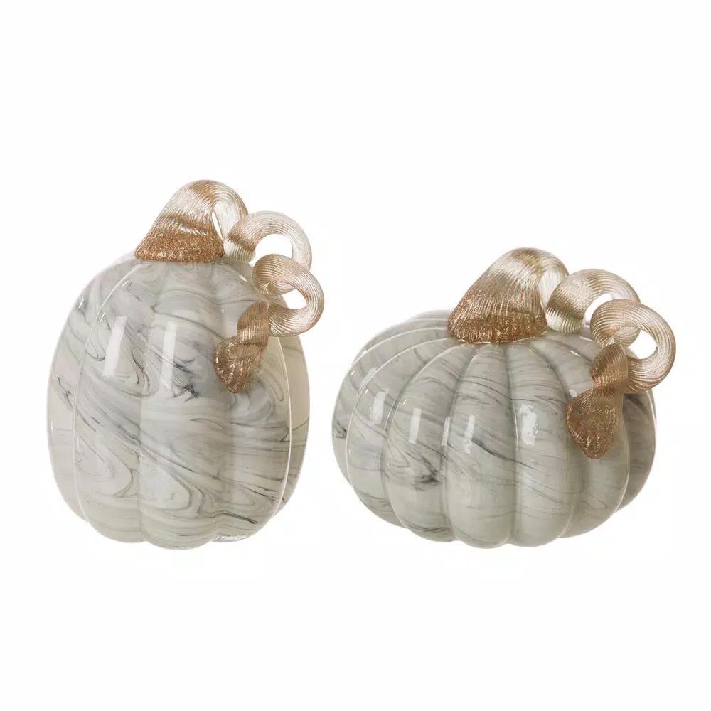 Glitzhome Gray Marble Glass Pumpkin Set of 2 - Handmade Tabletop Decoration