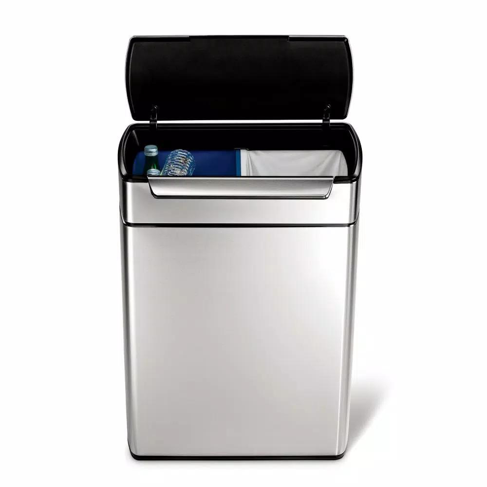 simplehuman 48-Liter Dual-Bucket Touch-Bar Recycling Trash Can, Brushed Stainless Steel