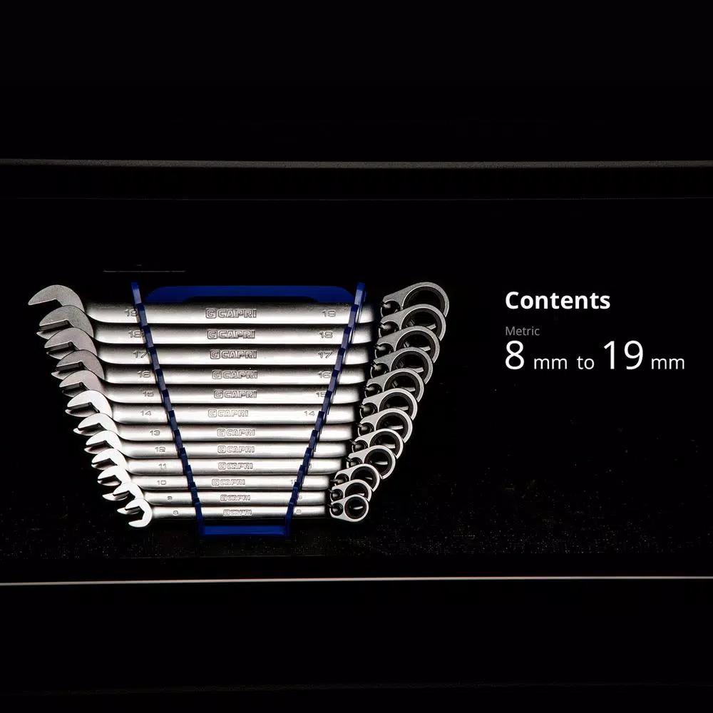 Capri Tools Metric 12-Piece Long Pattern Reversible Ratcheting Combination Wrench Set with Wrench Rack