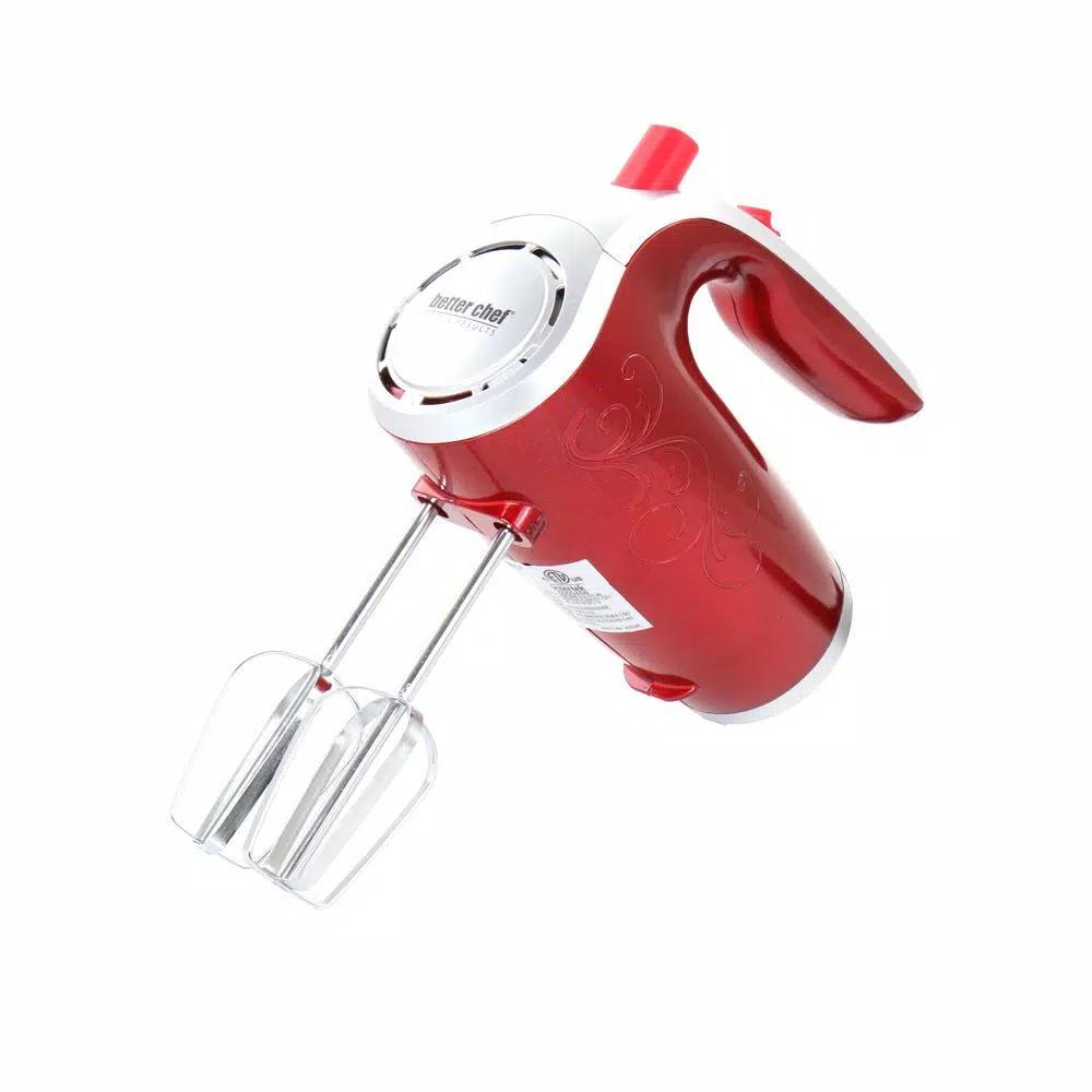 Better Chef 5-Speed Electric Hand Mixer with Stainless Steel Beaters and Dough Hooks, Red