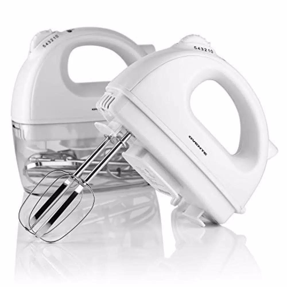 Ovente HM161 5-Speed 150W Electric Hand Mixer with Chrome Beaters and Snap-On Storage Case, White
