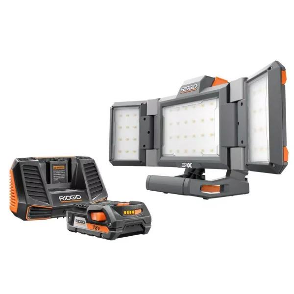 RIDGID 18V Hybrid Folding Panel LED Work Light Kit with 2.0 Ah Battery and Charger