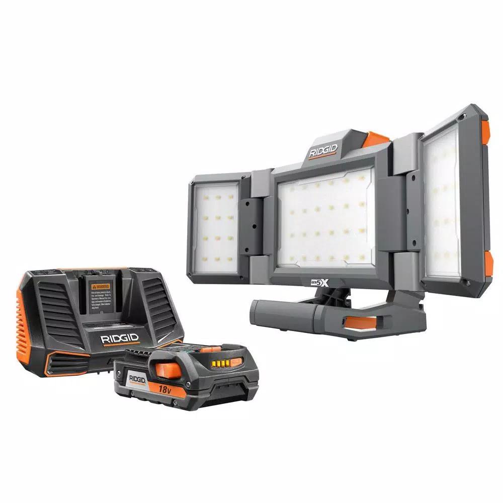 RIDGID 18V Hybrid Folding Panel LED Work Light Kit with 2.0 Ah Battery and Charger