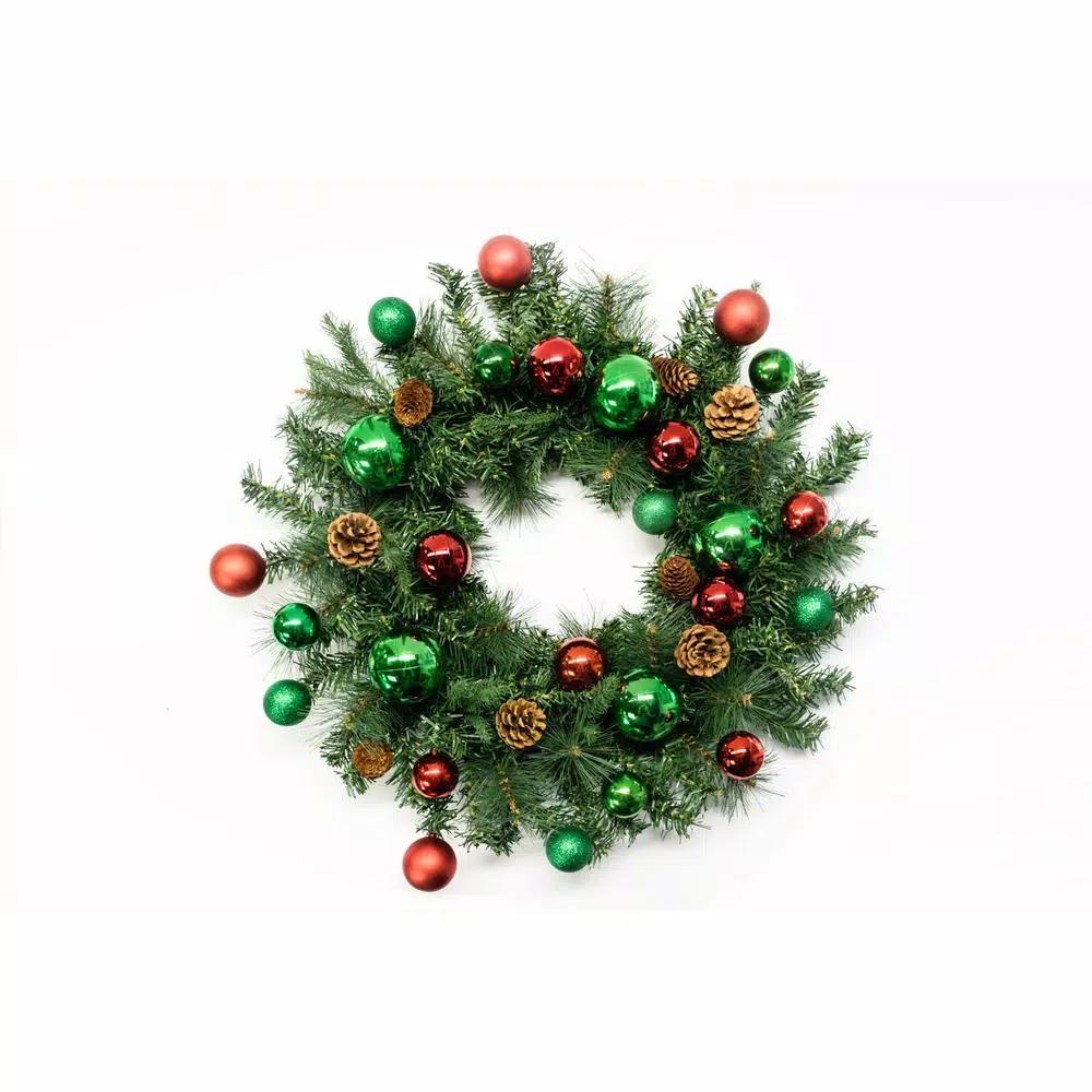 Fraser Hill Farm 24 in. Artificial Christmas Wreath Decor Set with Train, Sleigh, and LED Shelf Sitters