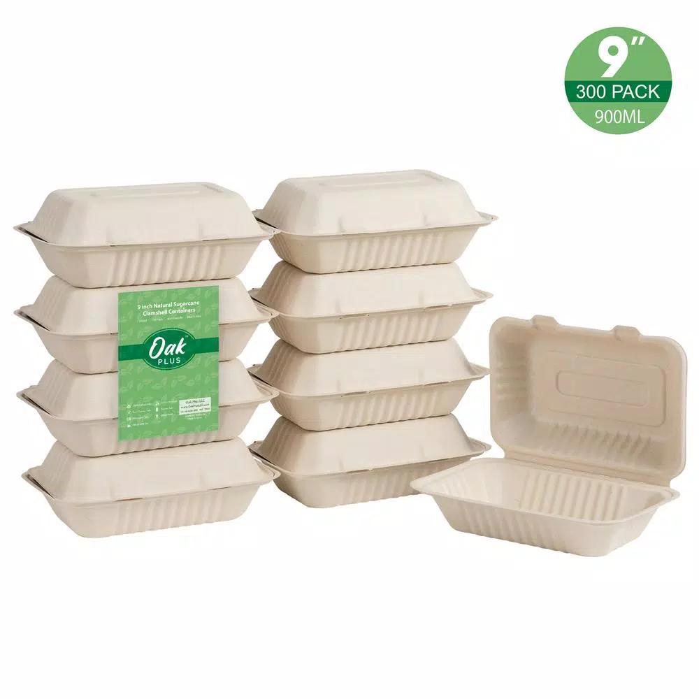 Unbranded 9 in. Natural Sugarcane Clamshell Containers, Biodegradable & Compostable (300 Pack)
