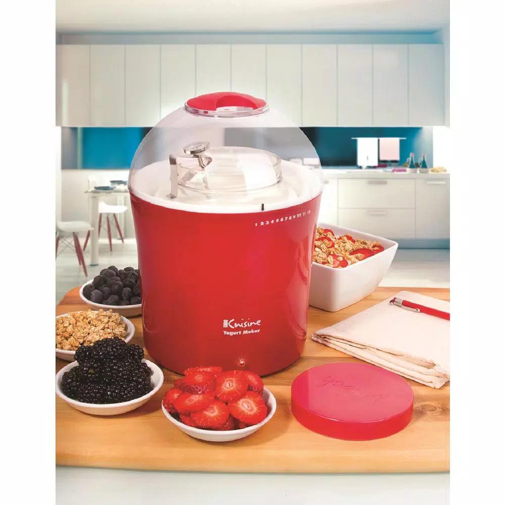 Euro Cuisine 2 Qt. Yogurt Maker with Glass Jar, Stainless Steel Thermometer, and Greek Yogurt Cotton Bag - Red
