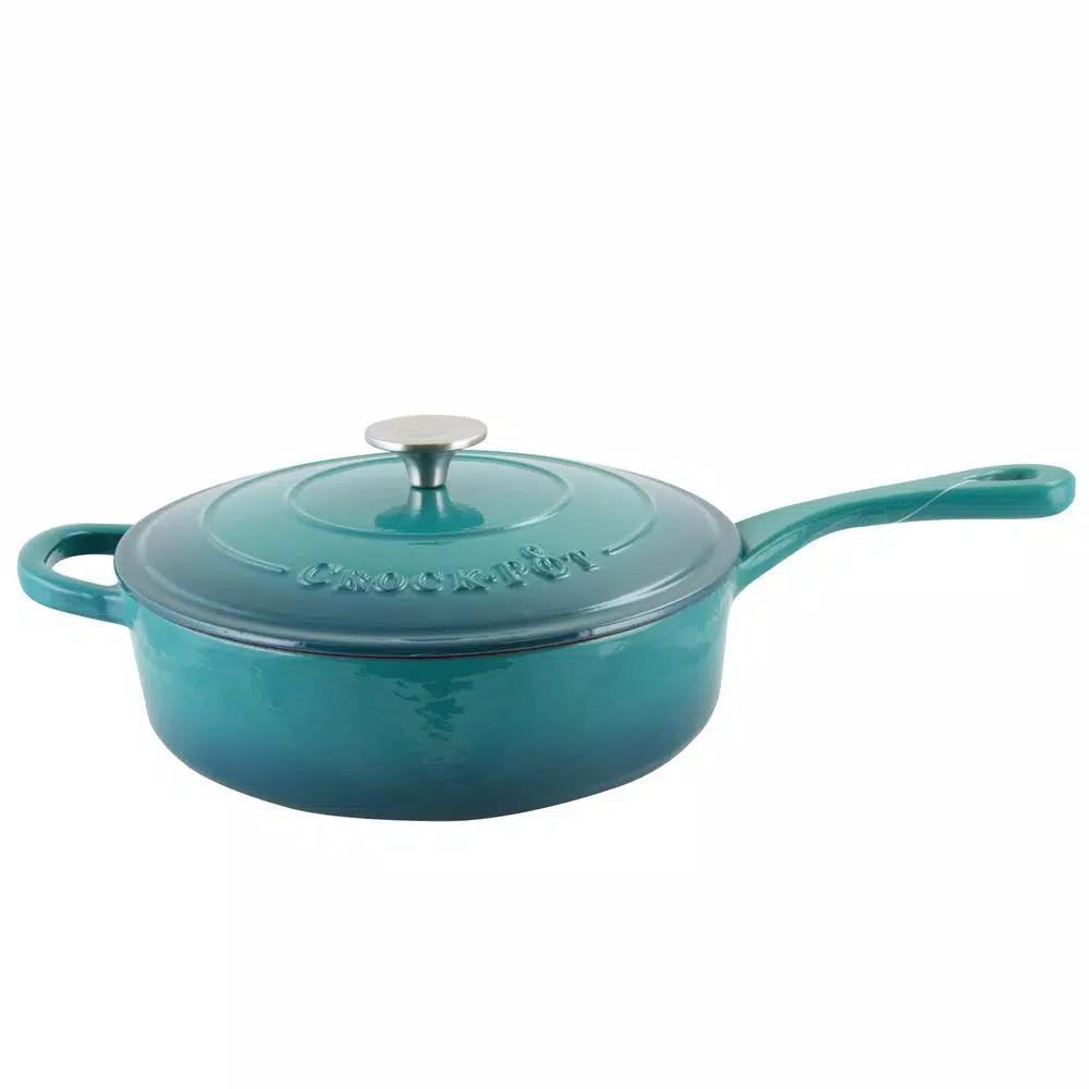Crock-Pot Artisan 3.5 Qt. Cast Iron Enamel Saute Pan with Lid, Teal Ombre