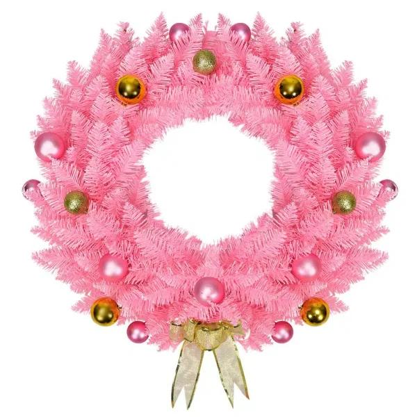 Costway 24 in. Pink Artificial PVC Christmas Wreath with Ornament Balls and Golden Bow