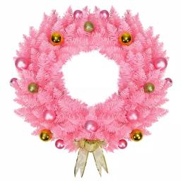 Costway 24 in. Pink Artificial PVC Christmas Wreath with Ornament Balls and Golden Bow thumbnail 1