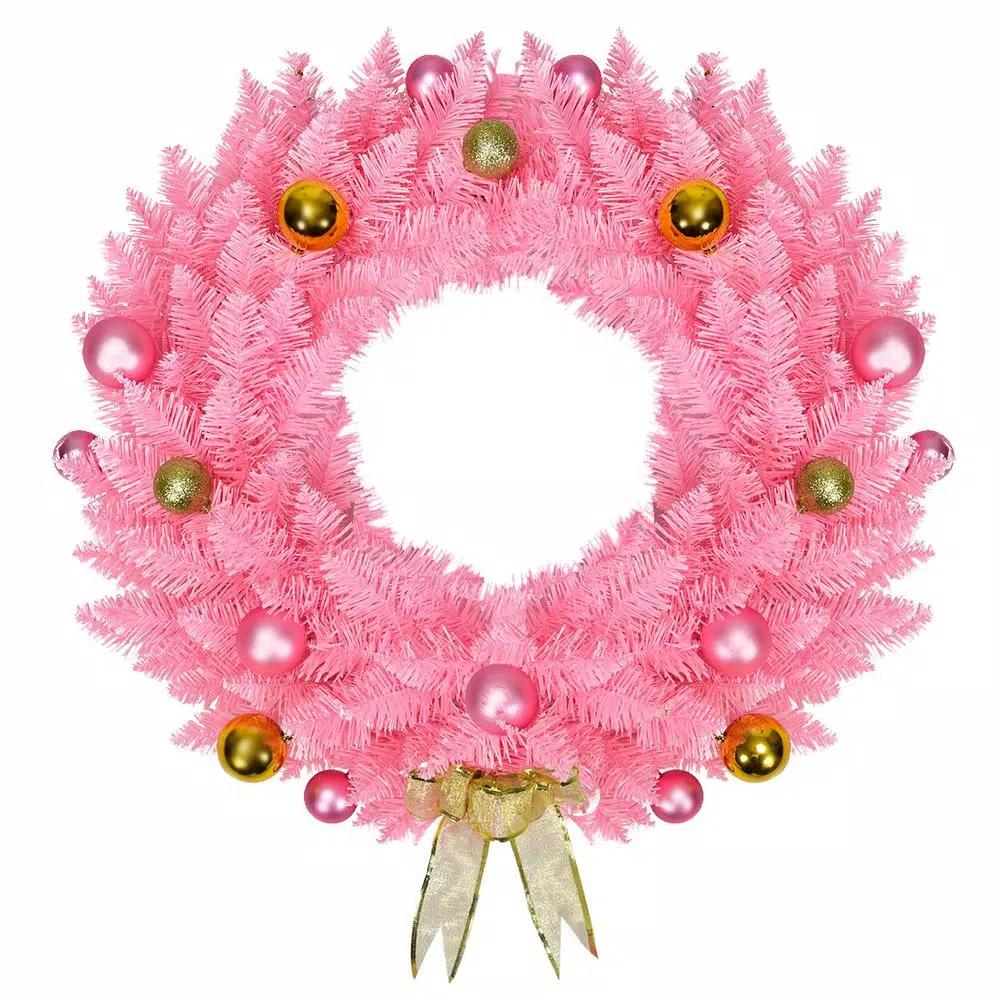 Costway 24 in. Pink Artificial PVC Christmas Wreath with Ornament Balls and Golden Bow