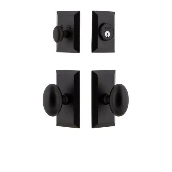 Unbranded Vale Black Iron Door Handleset Combo Pack with Aeg Egg Knob and Single Cylinder Deadbolt