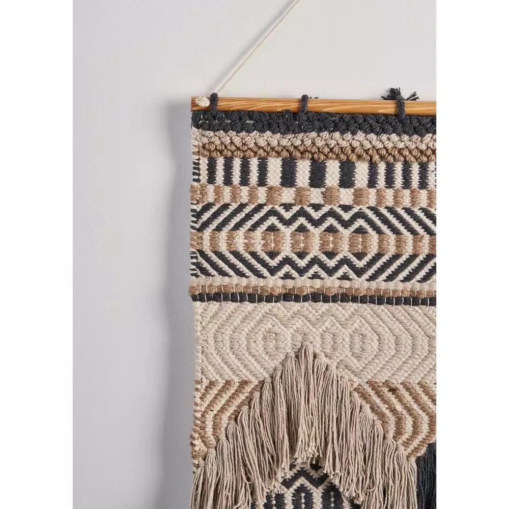 LR Home Trellis Beige and Charcoal Geometric Braided Fringed Wall Tapestry