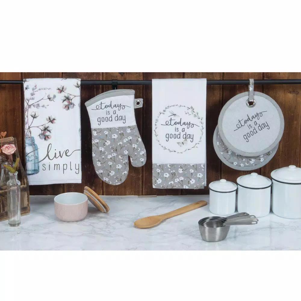 Kay Dee Lisa Audit Watercolor Floral Gray Cotton Kitchen Textile Set - 4 Piece Set