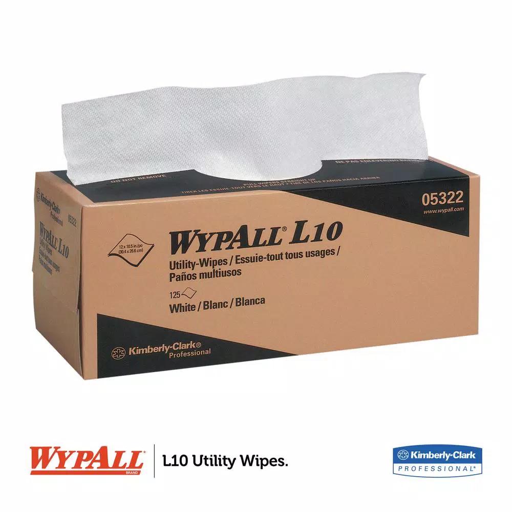 WYPAll L10 Utility Wipes, 1-Ply White Pop-Up Disposable Wipers, 125 Count, 18 Boxes Per Carton
