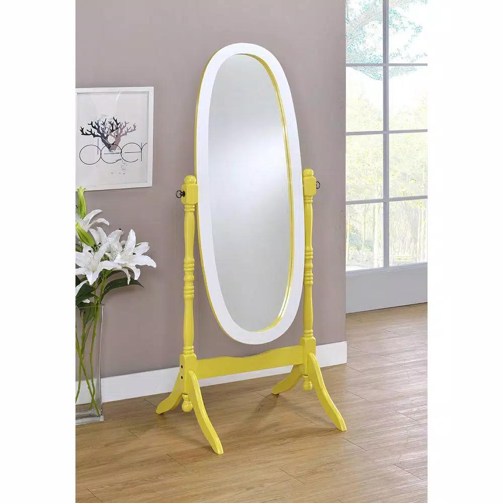 ORE International Modern Canary Yellow and White Oval Wood Tilting Cheval Standing Mirror, 59.25 in.